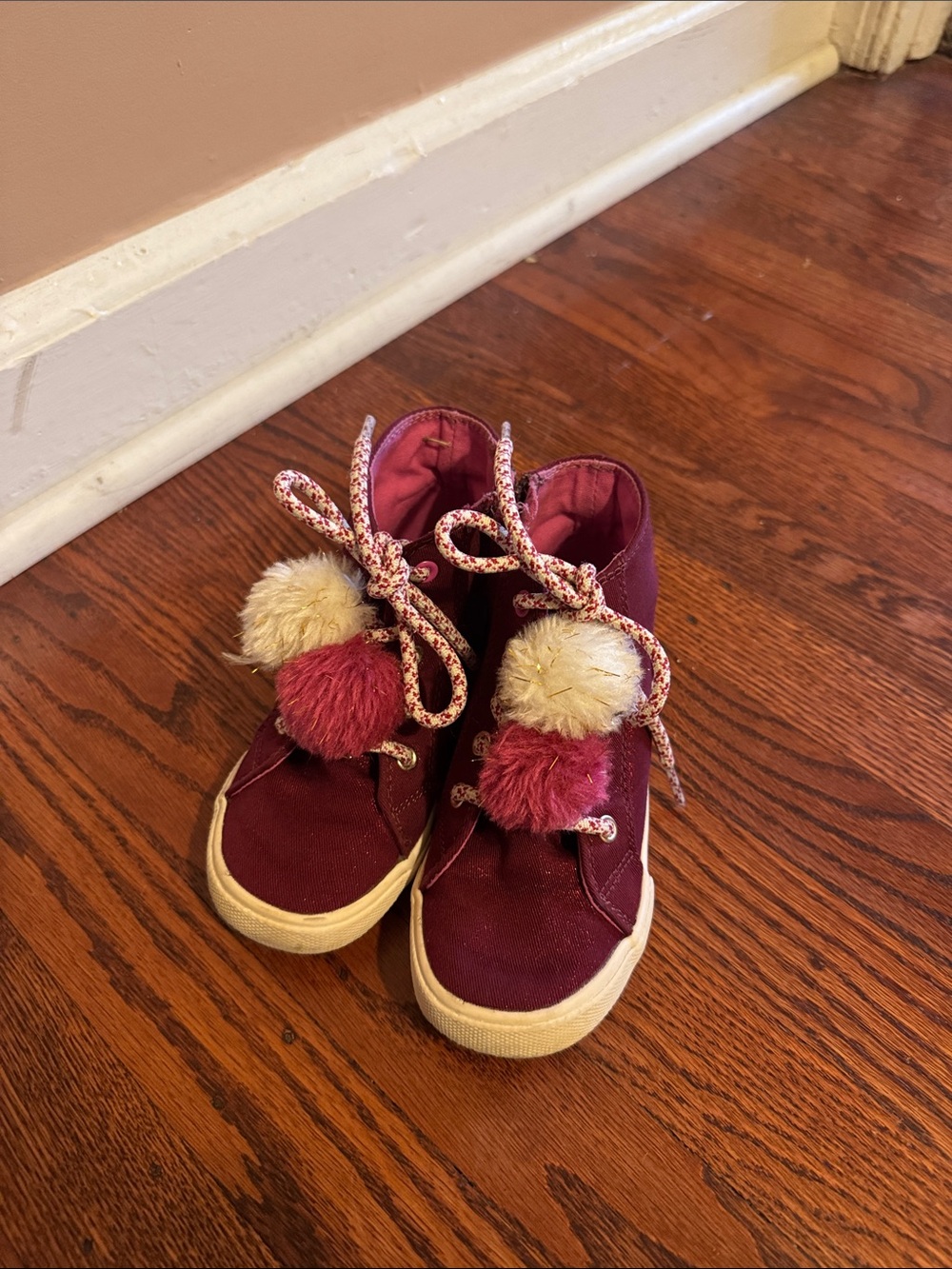 Cat & Jack Maroon High-Top Sneakers with Cream Pom Accents